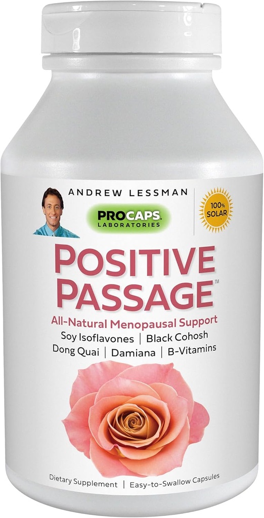 ANDREW LESSMAN Positive Passage 180 Capsules - Natural Menopausal Support and Balance for Women's Hormone Levels. with Soy Isoflavones, Black Cohosh, Dong Quai, Damiana. No hay aditivos