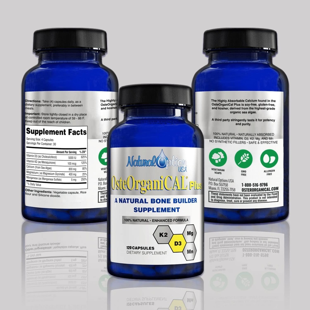 Más - Planta orgánica Fuente de suplemento de calcio con vitamina D3, k2, Magnesium Glycinate y Manganese (360 Conde) Pack de 3 Botellas
