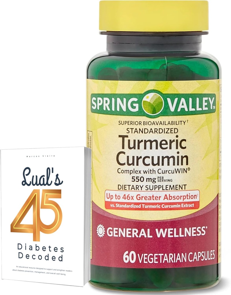 Spring Valley Turmeric Curcumin Supplement Bundle with Lual's 45 Diabetes Decoded | Complex with CurcuWin | Dietary Supplement | 550 mg, 60 Capsules