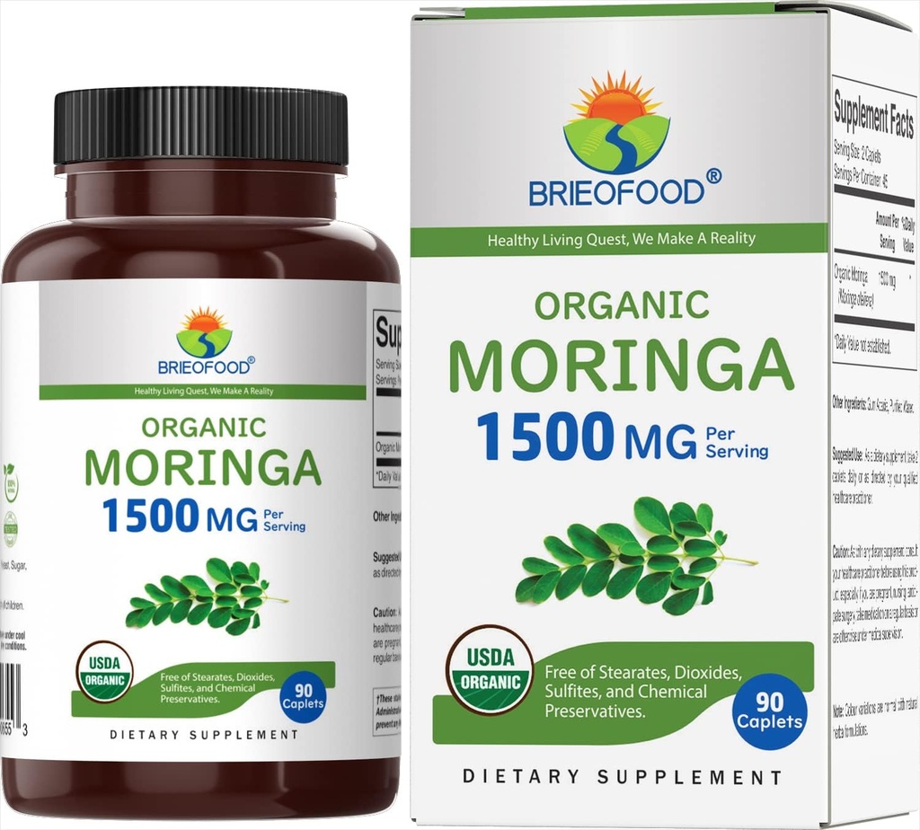 Brieofood Organic Moringa 1500mg, 45 Servings, Vegetarian, Gluten Free, 90 Tablets Vegetarianos