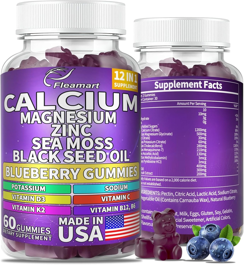 Calcio Magnesio Zinc Suplemento Gummies Azúcar Libre para Mujeres y Hombres Calcio Gummies Suplemento Bone &amp; Immune Soporte Made in USA 60 Condes Blueberry Flavor