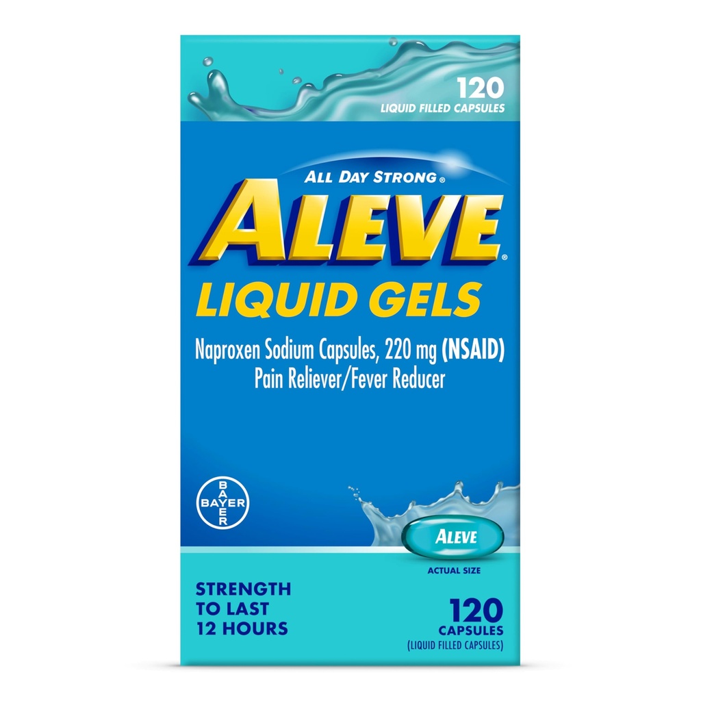 Aleve Liquid Capsules, Naproxen Sodium Capsules 220 mg (NSAID), Pain Reliever/Fever Reducer, Fast Pain Relief, 120 Count