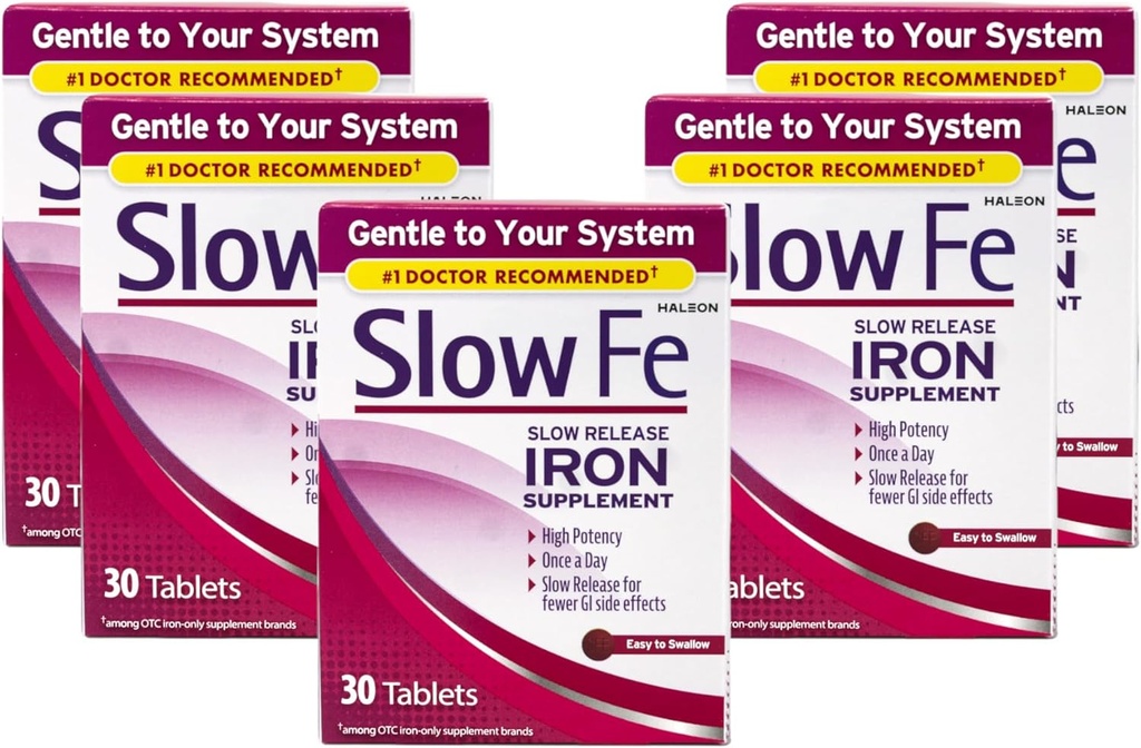 Suplemento de hierro de liberación lenta, alta potencia, una vez al día, suave en el sistema, 30 tabletas (Pack de 5)