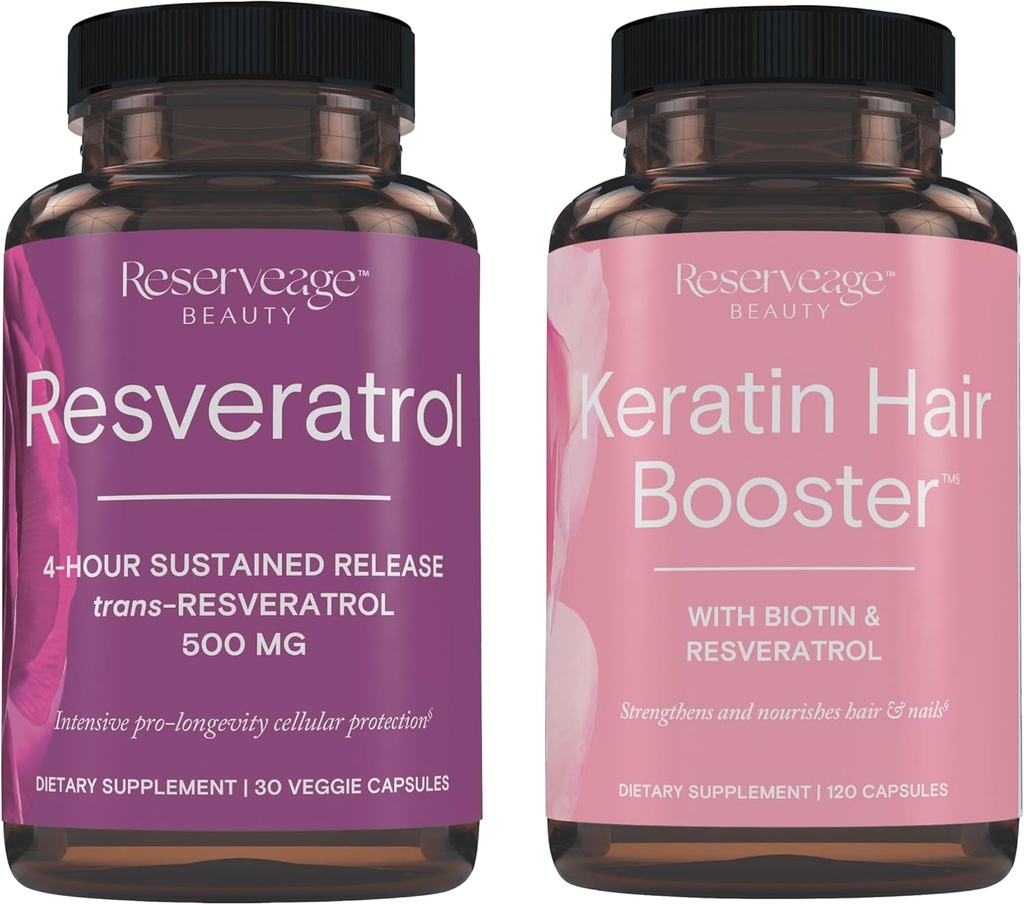 Belleza de reserva, Resveratrol 500 mg, Suplemento antioxidante para la salud cardiaca y celular 30 caps " Booster de pelo de queratina con biotina " Resveratrol, Hair and Nail Growth Supplement 120 Caps
