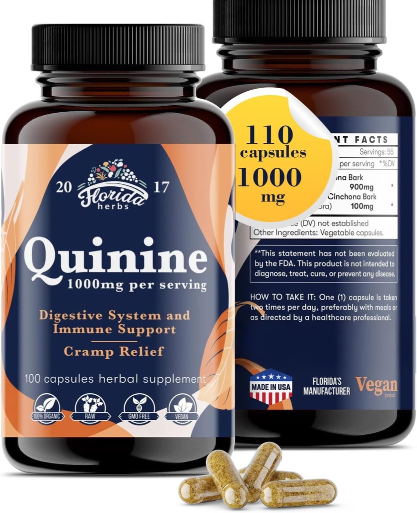 Quinine for Leg Cramps 1000 mg - 110 Capsules - Cinchona Bark Extract Supplement - Quinine Capsules - Vegan, Non - GMO