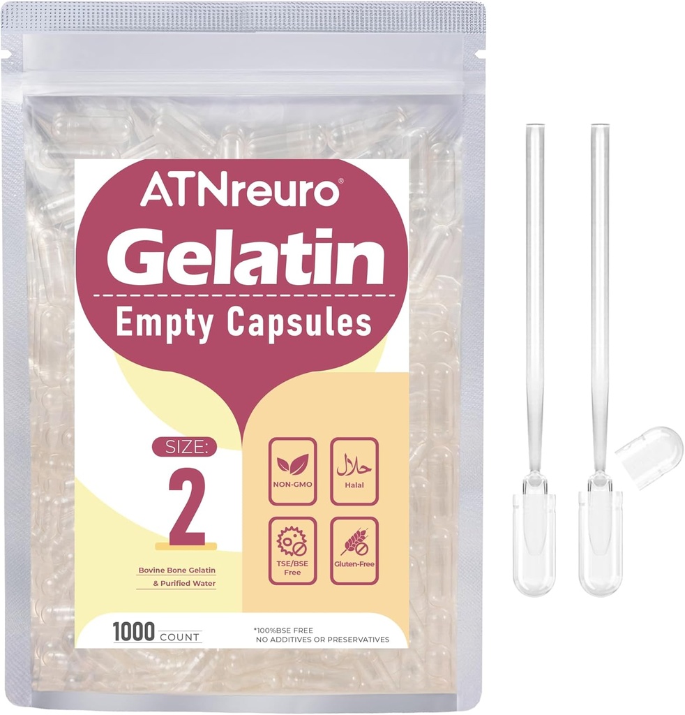 Tamaño 2 Empty Gelatin Capsules con 2 Micro Spoons - 1000 Conde Empty Clear Capsule - Gel Pill Capsules para Powders Suplementos