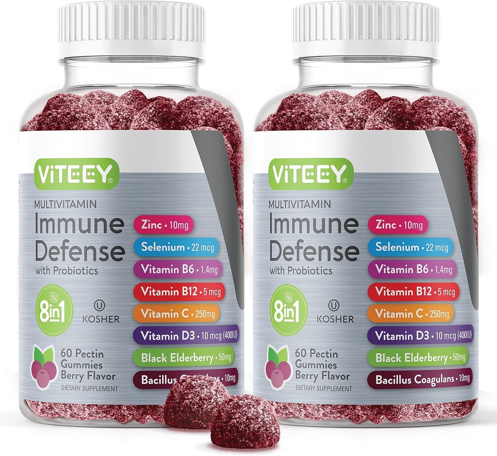 Viteey Multivitamin Gummies 8 in 1 Immune Support Supplement with Probiotics - Immune Boosters for Adults &amp; Teens - Vegetarian, Gelatin Free, GMO Free - Chewable Berry Flavored Pectin Immune Defense