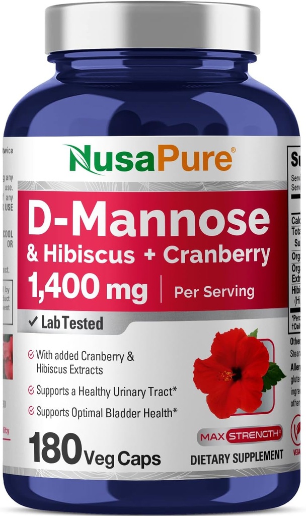 NusaPure D-Mannose Complex 1400 mg (con Hibiscus y Cranberry) - 180 Veggie Caps.