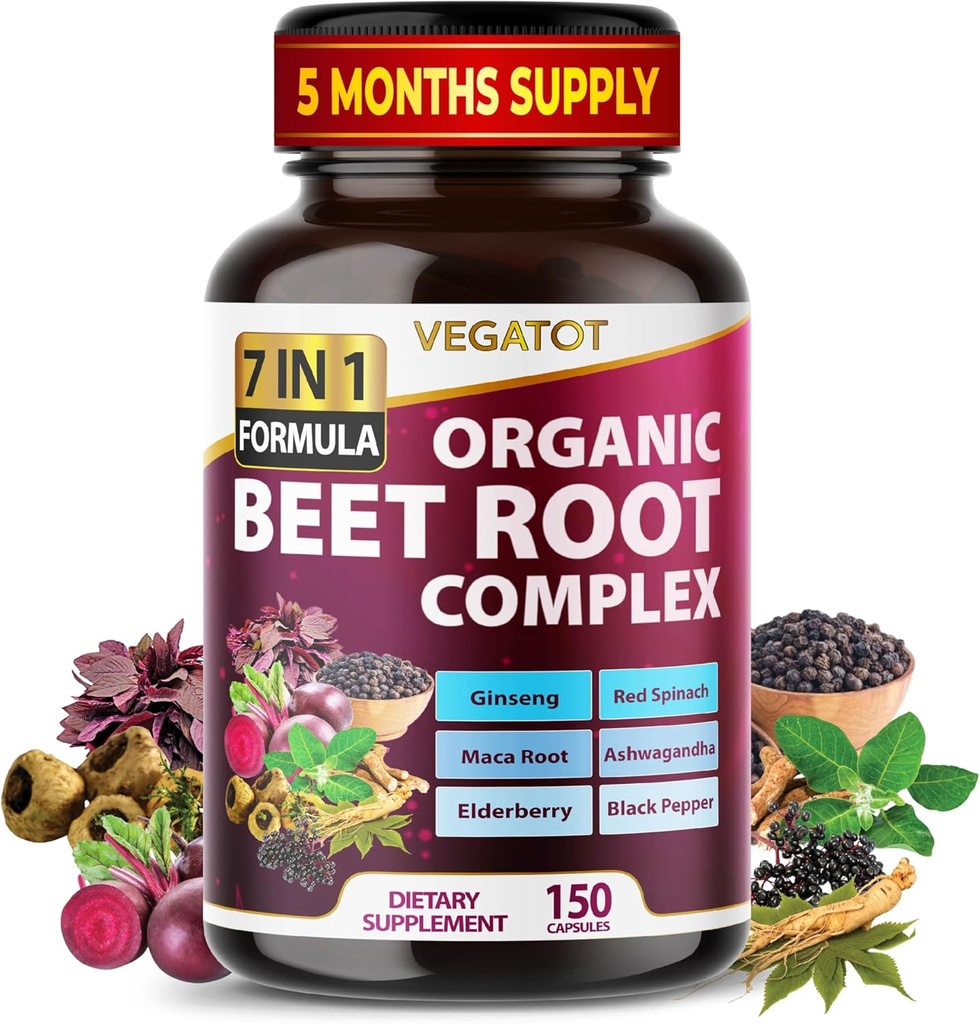 VEGATOT Beet Root *USA Hecho y probado* Concentrado con Ginseng Maca Root Ashwagandha - Energy Stamina Immune Support (150 Conde (Pack of 1))