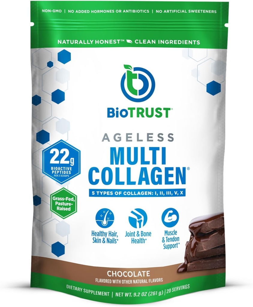 BioTrust Ageless Multi Collagen Peptides Polvo – 5 Tipos (I, II, III, V, X) – Chocolate Collagen Powder for Women &amp; Men – Hidrolyzed Protein – Grass Fed Beef, Fish, Chicken, Eggshell Membrane