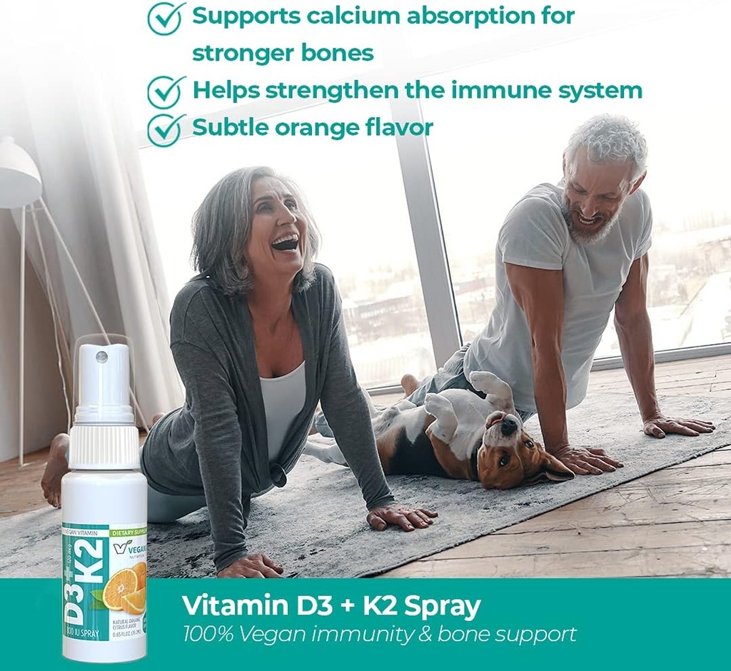 Dieta Vegan Vitamina D3 y K2 Oral Spray Suplemento, 0.65 onza