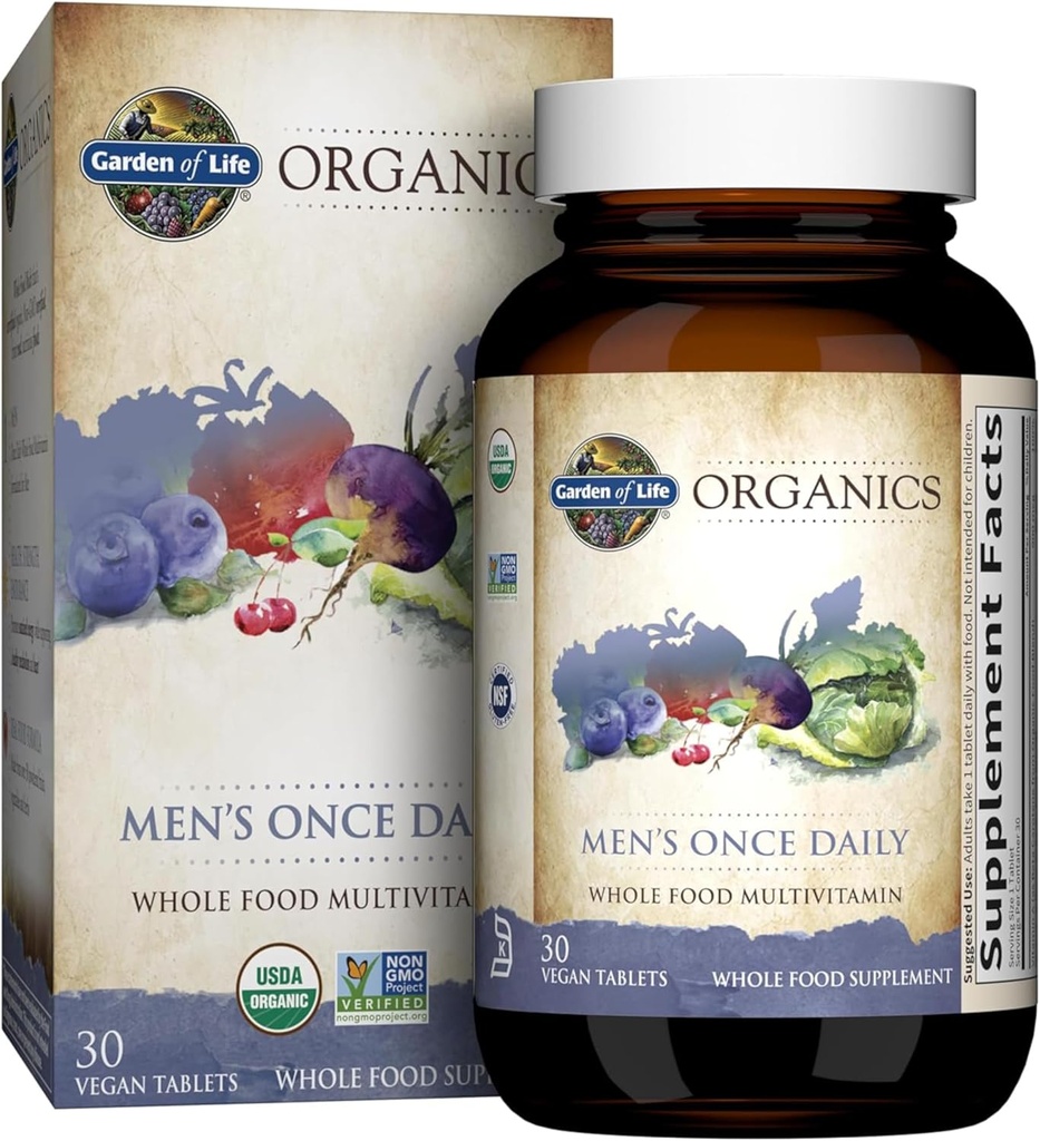 Jardín de Vida Una vez Alimento completo diario Multivitamínico para Hombres, Hombres Orgánicos Vitaminas & Minerales, Vitamina C, Zinc, Vegan, para Salud &amp; Bienestar, 30 Tabletas
