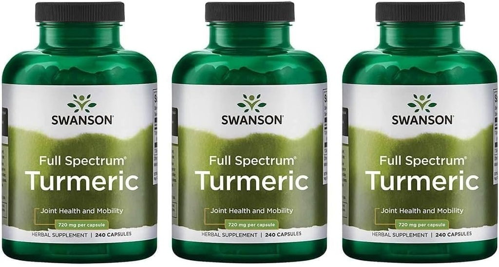 Swanson Full Spectrum Turmeric (Curcumin) - Joint Health, Digestion, Heart Health &amp; Liver Support Suplemento - Curcuma Longa Formula Promoting Memory Support - (240 Capsules) 3 Pack