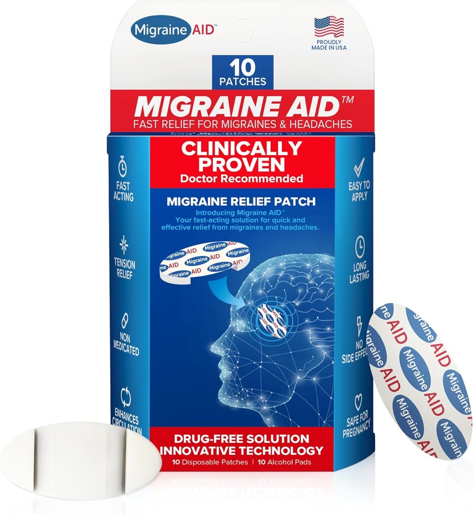 Paches Migraine AID Migraine Relief - Actuación rápida, soporte no médico para la tensión de la cabeza, fácil de aplicar Paches de dolor de cabeza, seguro para uso diario, 10 Patches Migraine Desechables, hechos en EE.UU.
