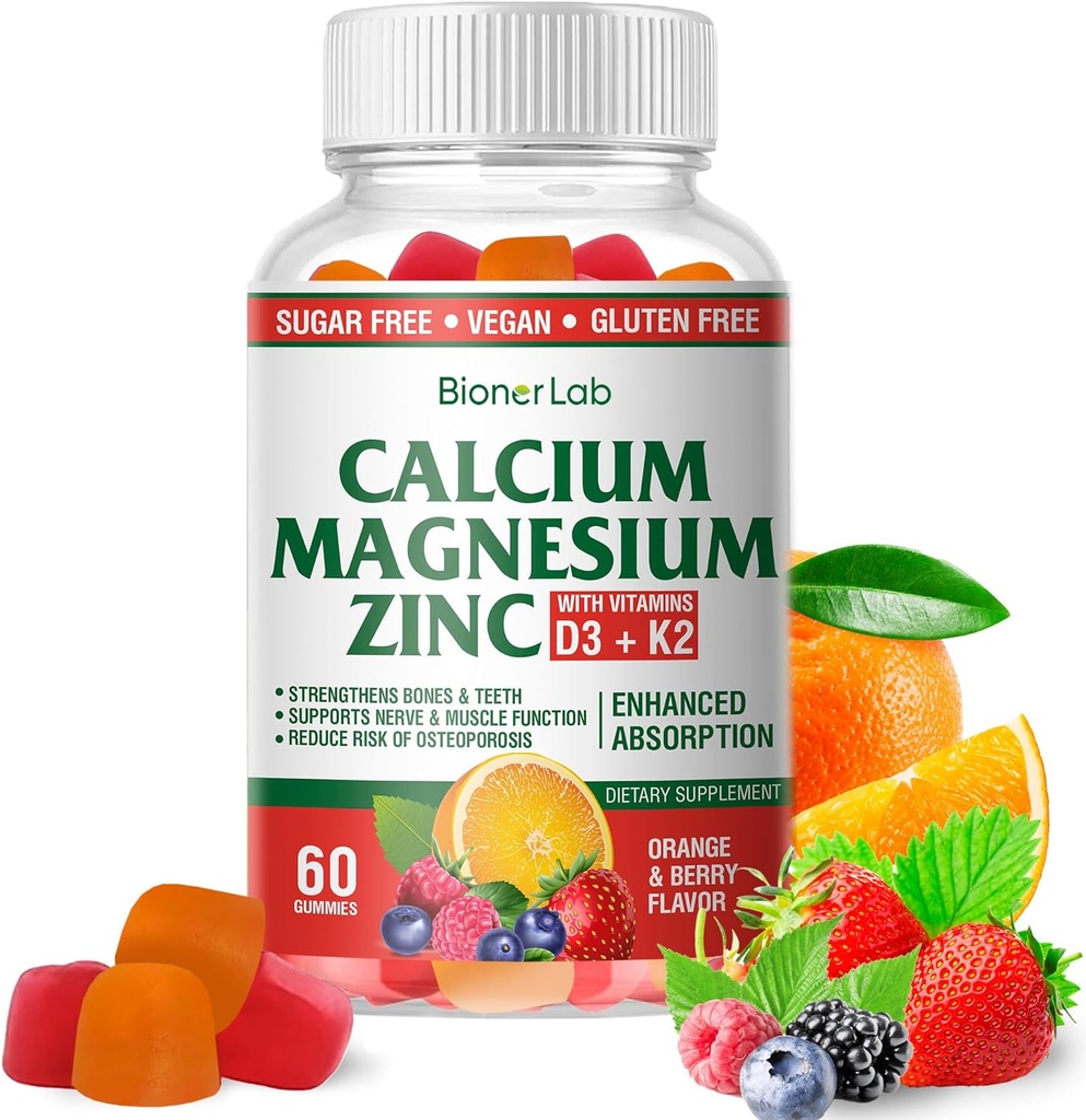 BionerLab Calcium Magnesium Zinc Gummies with Vitamin D3 & K2 - Absorción mejorada de alta potencia - Orange y Berry Flavored