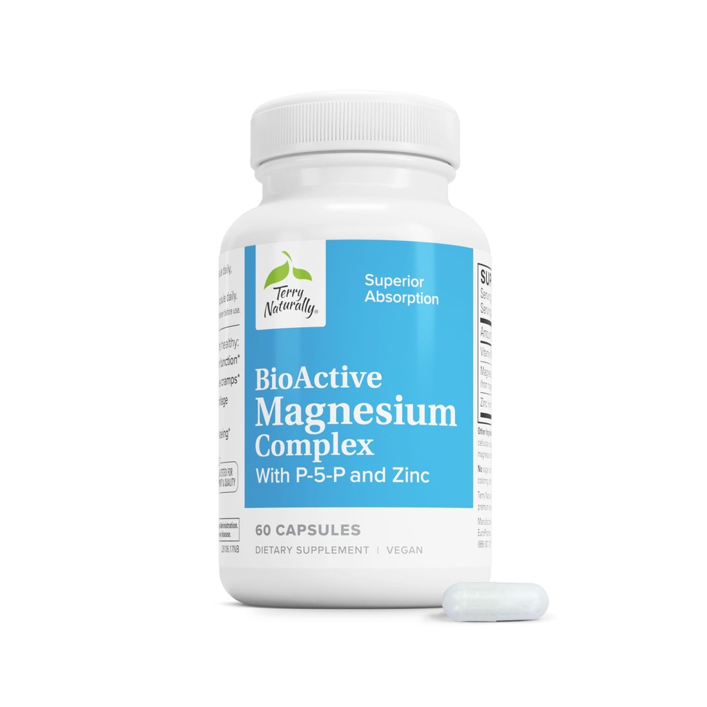 Terry Naturalmente Complejo de Magnesio Activo - Bono &amp; Heart Health Support - Suplemento con Vitamina B6, Zinc &amp; Magnesio - Pyridoxal-5-Phosphate Vegan Capsule Suplemento - 60 cápsulas