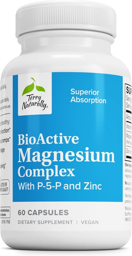Terry Naturalmente Complejo de Magnesio Activo - Bono &amp; Heart Health Support - Suplemento con Vitamina B6, Zinc &amp; Magnesio - Pyridoxal-5-Phosphate Vegan Capsule Suplemento - 60 cápsulas