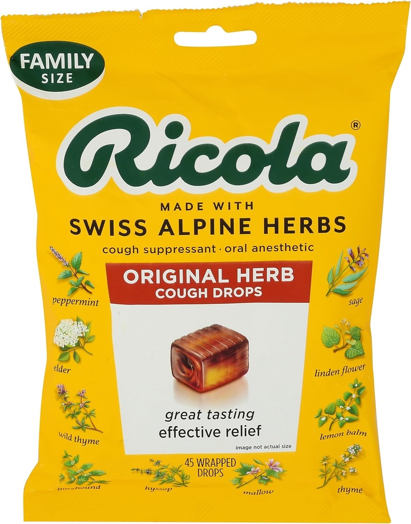 Ricola Original Herb Cough Drops, 45 Count, Cough Suppressant & Throat Relieving Drops with Naturally Sourced Menthol, Pleasing Herbal Taste for Coughs & Throat Irritation Symptom Relief
