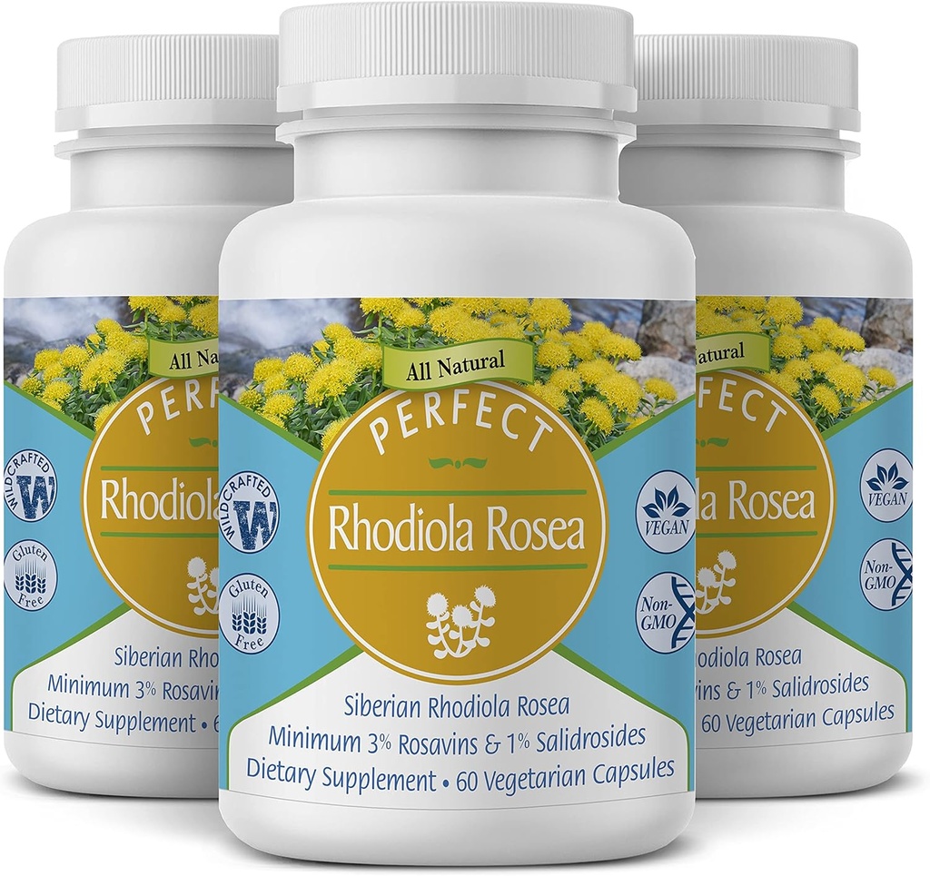 Suplementos perfectos – Perfect Rhodiola Rosea – 60 cápsulas – Suplemento Natural Adaptógeno – Aumenta la energía – Mejor enfoque – 3 Pack