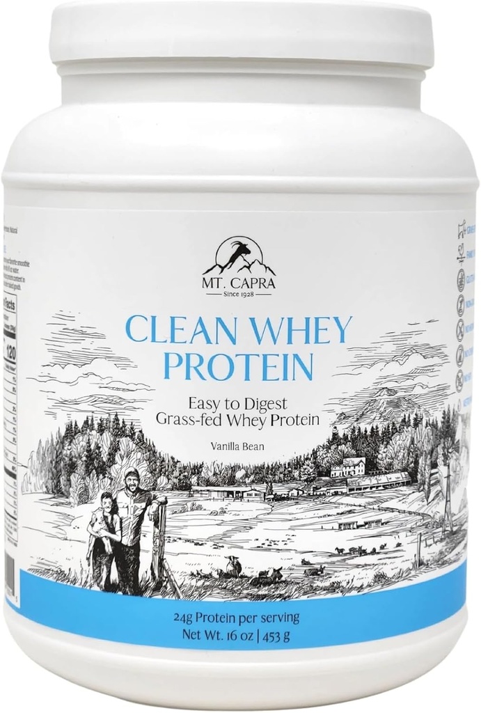 Mt. Capra Clean Whey Protein ← Grass-Fed Undenatured Goat Whey Protein Powder ← 24 g Protein Per Serving, All Natural, Non-GMO, High in Branch Chain Amino Acids tención Vanilla Bean ← 15 Servings - 16 oz