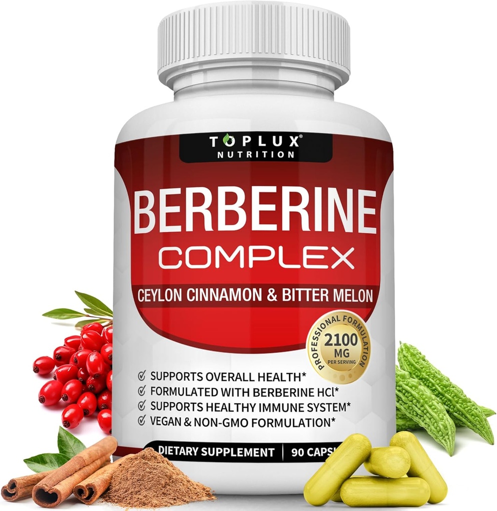 Toplux Berberine con canela de Ceylán y Melón de Bitter 2100mg - Alta Pureza 97% HCL suplemento de bereberina, soporta sistema de salud general, no GMO Vegan 90 cápsulas
