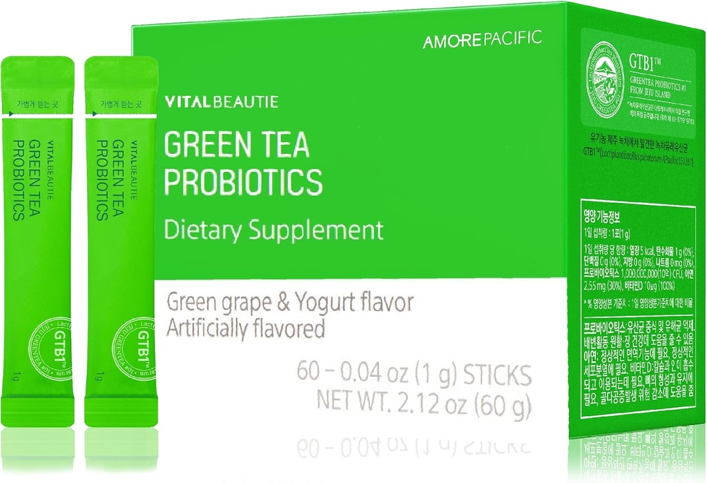 VITALBEAUTIE Probióticos de té verde (probióticos de origen vegetal) que contienen vitamina D y zinc para la salud de las tripas por AMOREPACIFIC Korean Acidophilus Probiotic - 60 Sticks