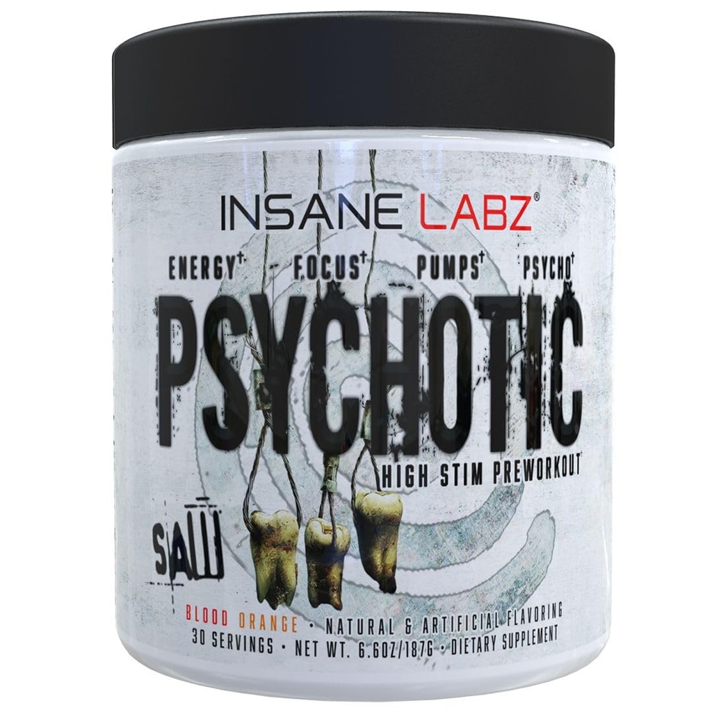Insane Labz Psicotic Saw, High Stim Pre Workout Powder con OxyGold­TM y AMPiberry®,Extreme Lasting Energy with Teacrine®,Focus with CognitIQ® and Endurance with Beta Alanine,30 Srvgs,Blood Orange
