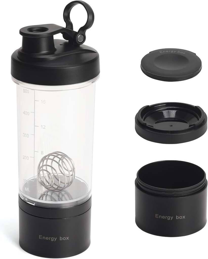 Blender Protein Shaker Tritan Botella con Pill/Powder Storage Container for Protein Shakes-pre workout bottle-Mixer Cup-Gym Sport Water Bottle with Wire Whisk Balls Black