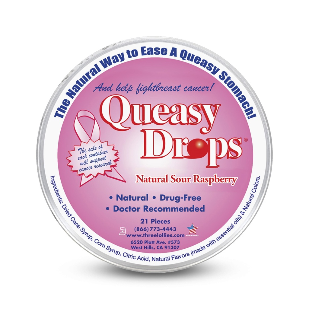 Three Lollies Queasy Drops - Sour Raspberry Flavor - Travel Sickness & Nausea Relief, Soothes Stomach & Dry Mouth, Natural Ingredients - 21 ct