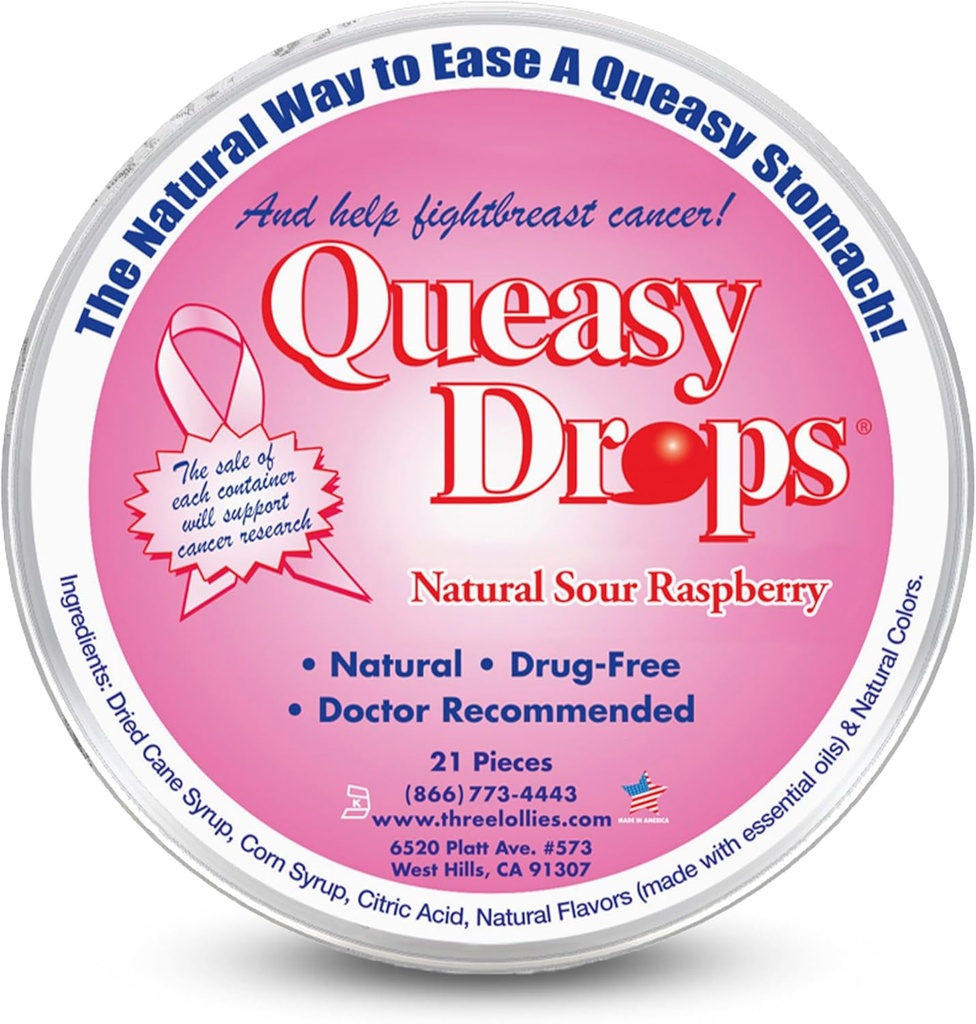 Three Lollies Queasy Drops - Sour Raspberry Flavor - Travel Sickness & Nausea Relief, Soothes Stomach " Dry Mouth, Natural Ingredients - 21 ct