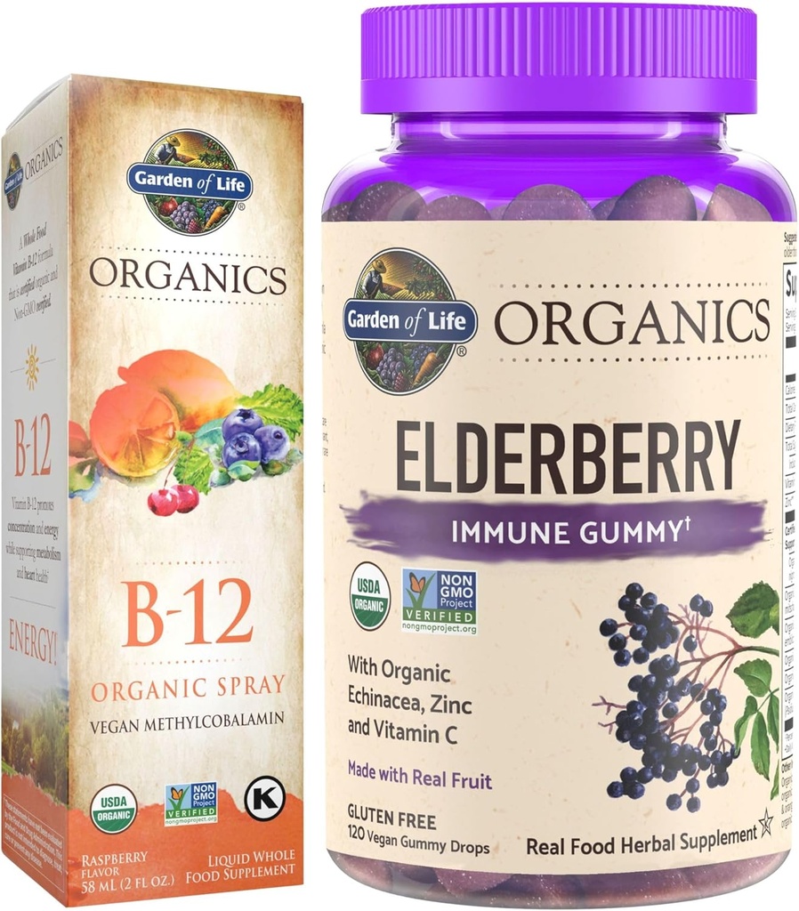 Garden of Life Organics Elderberry Immune Gummies, 120 Conde & B12 Vitamin Raspberry Spray, 500mcg, 2oz