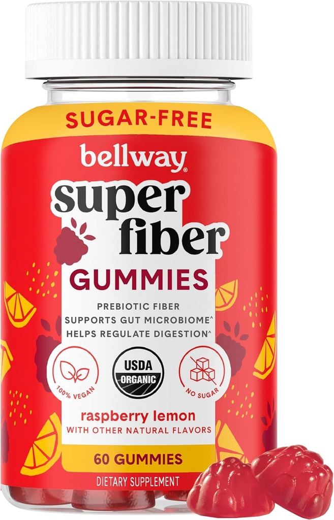 Bellway Super Fiber Gummies para adultos - Suplemento de fibra orgánica sin azúcar Gummies con 4g de fibra por ser - Prebiótico Chicory Root Fiber for Digestive Gut Health, Raspberry Lemon, 60 Conde
