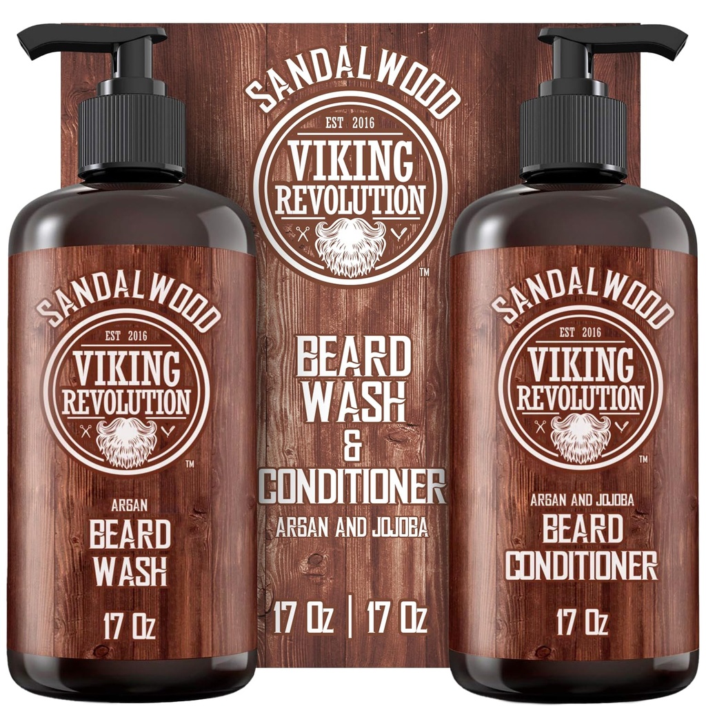 Vikingo Revolución Beard Wash &amp; Beard Conditioner Conjunto con aceites Argan & Jojoba - Suaviza y fortalece - Natural Sandalwood Scent - Barba champú con aceite de barba (17 oz)
