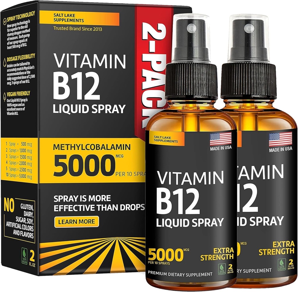(2 Pack) - Líquido B12 Spray 5000 mcg - Vitamina B12 Sublingual - Vegan B12 Vitamina Spray - Metilcobalamina Vitamina B12 Boostas Líquidas Energía &amp; Mood - Libre de gluten