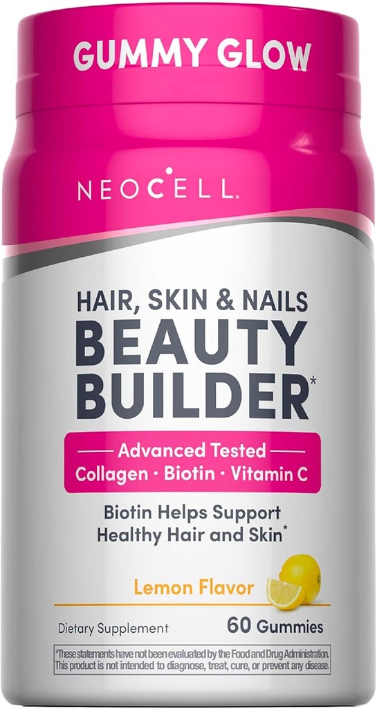 NeoCell Hair, Skin and Nails Beauty Builder Con Collagen, Biotin y Vitamina C, Incluye Antioxidantes, Gummy, Lemon, 60 Cuenta, 1 Botella