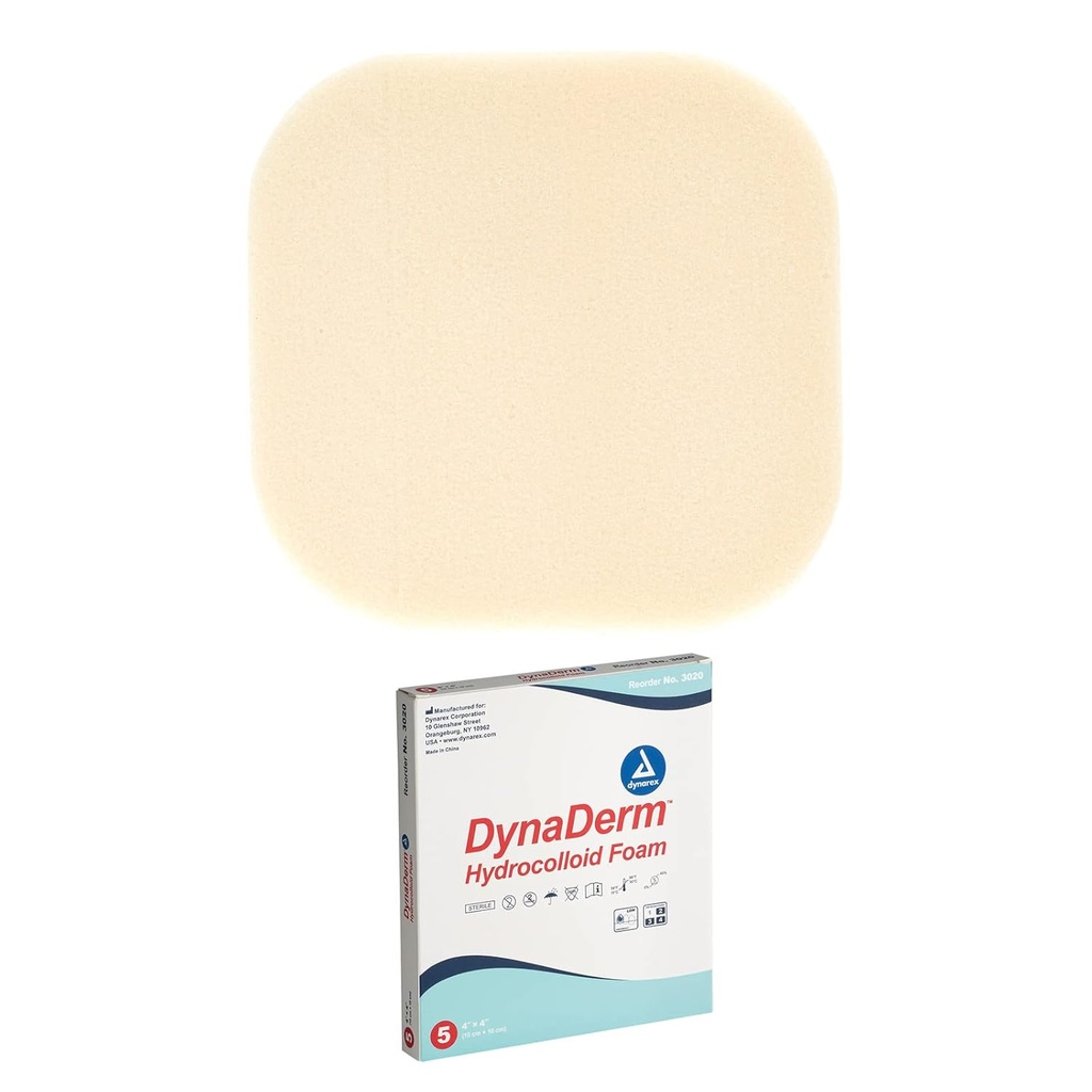 Dynarex DynaDerm Hidrocolloide Dressings, Sterile Moist Bandages Usado para todo tipo de heridas, 4" x 4", Foam &amp; Latex-Free, Peel-Down Patches - 1 caja de 5 Dressings