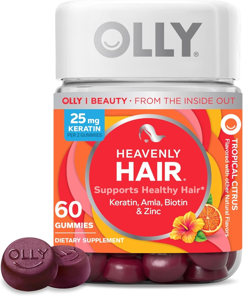 OLLY Heavenly Hair Gummy, soporta el cabello saludable, queratina, biotina, AMLA, suplemento chewable, fuente de 30 días - 60 cuenta