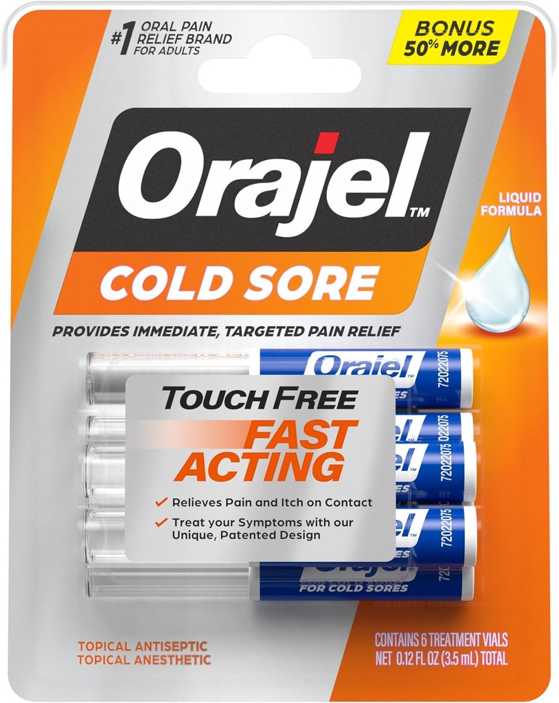 Orajel Touch Tratamiento frío libre .12oz, Fórmula Líquida, proporciona alivio inmediato de dolor, tamaño de bonificación, 6 aplicadores.