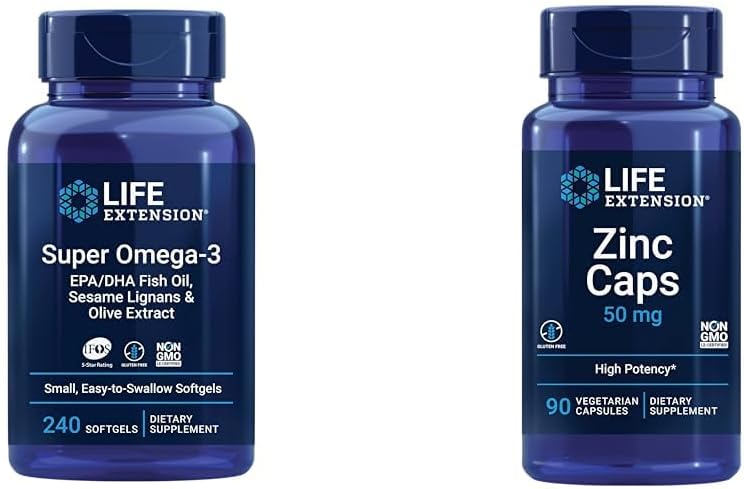 Extensión de vida Super Omega-3 EPA/DHA Fish Oil, Sesame Lignans &amp; Olive Extract - Omega 3 Suplemento " Zinc Caps, zinc 50 mg, zinc Citrate, Apoyo Las defensas inmunitarias del cuerpo
