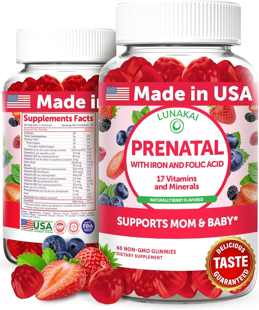 Lunakai EE.UU. Realizó vitaminas prenatales con ácido fólico de hierro - Delicious Pregnancy Gummies multivitamina para las mujeres, 60 cuenta