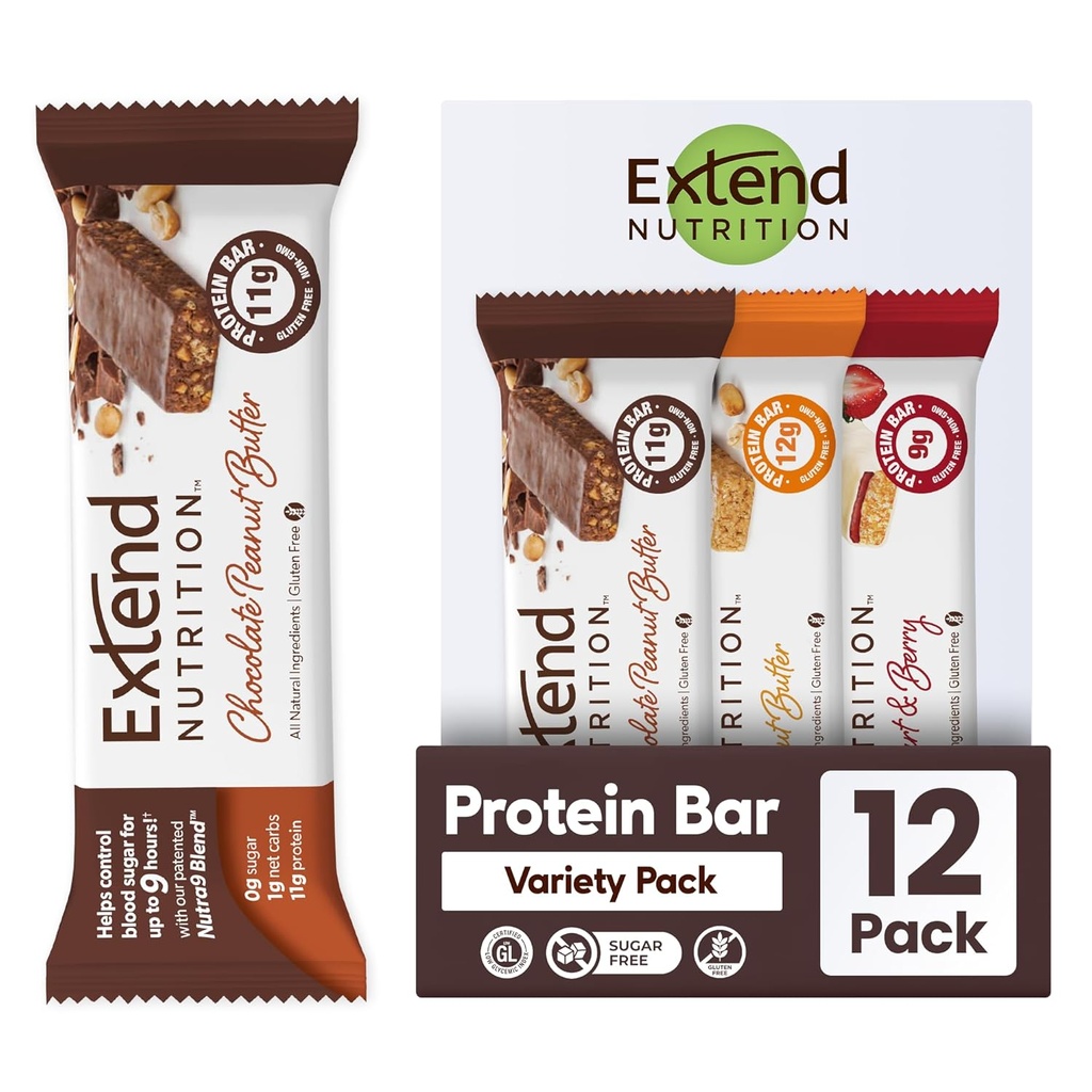 Extender Bares de Proteína Libre de Azúcar, Snacks Diabéticos Perfectos, Alta Proteína y Fibra, Control del Hambre " Energía Steady, Baja Carb, Keto Friendly (12 Conde, Pack Variedad)