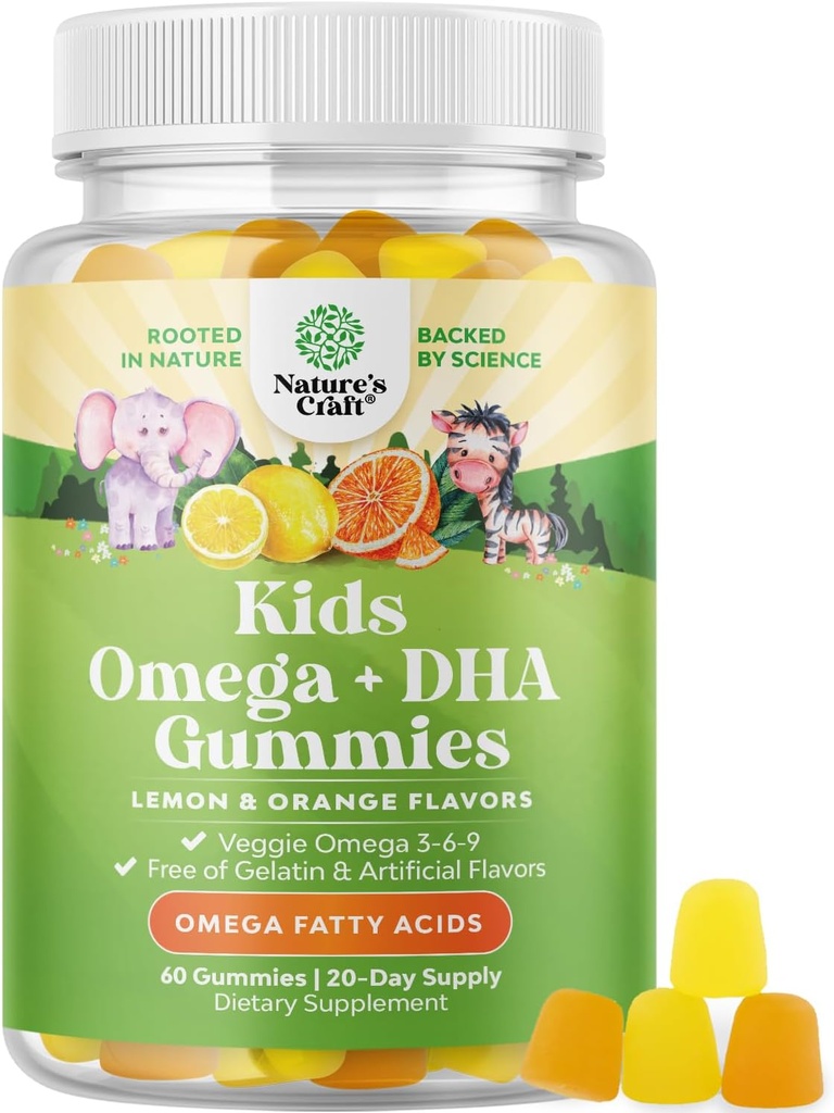 Niños DHA Omega 3 Gummies - ácidos grasos Omega 3 6 9 para cerebro, Immune Strength & Vision - Nutricional DHA para niños para el sistema nervioso saludable " Apoyo en foco - Fish Free, Vegan " No GMO - 60 Chews