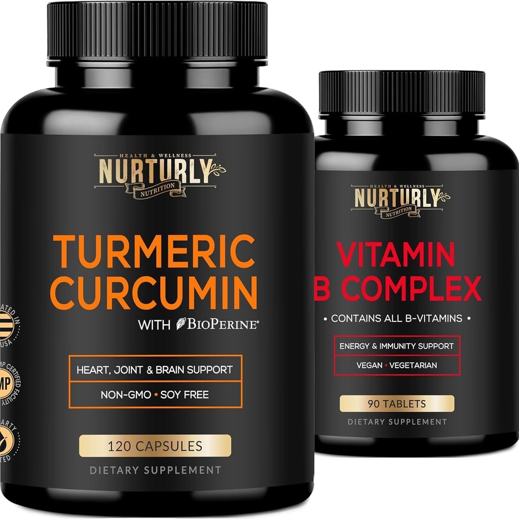 Vitamina B Complejo y Curcumina Turmérica - Contiene Todas las Vitaminas B Esenciales - B1, B2, B3, B6, B7, B9, B12 y Biotina - Suplementos Turméricos de alta absorción 1300mg para la salud conjunta, cardíaca