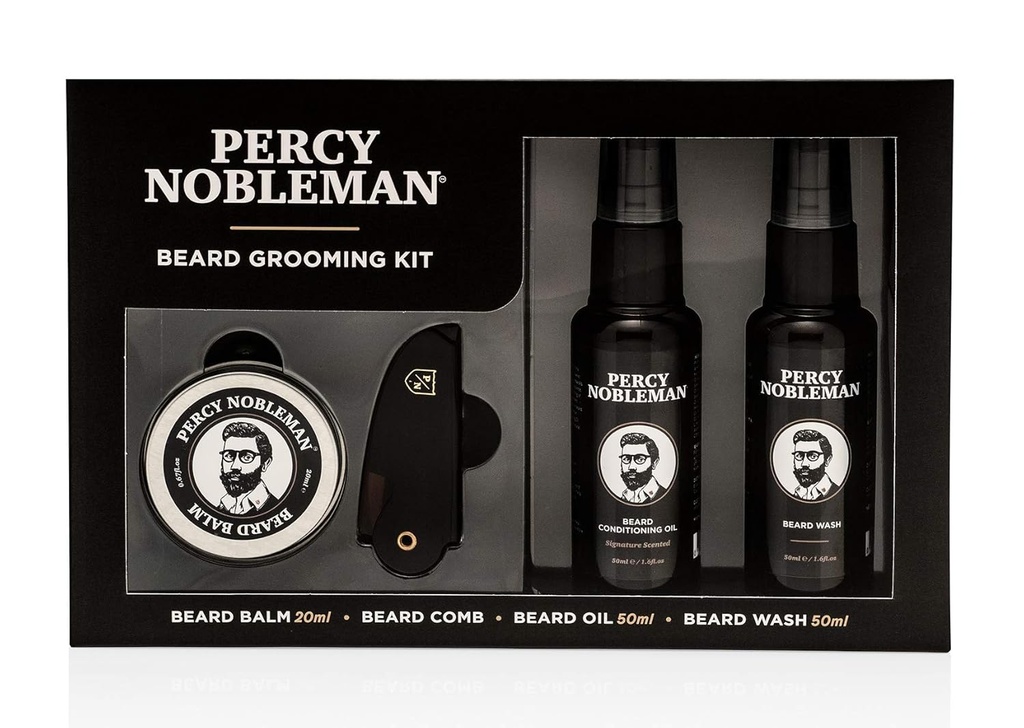 Percy Nobleman Beard Grooming Kit - Signature Scented Beard Oil 50ml, Wash 50ml, Balm 20ml &amp; Comb