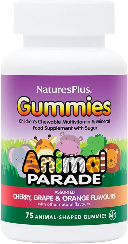 NaturesPlus Animal Parade Fuente de las Gummies de Vida - Natural Orange, Grape y Cherry Flavors - 75 animales compartidos - Whole Food Kid's Multivitamin - Gluten-Free - 37 Servimientos