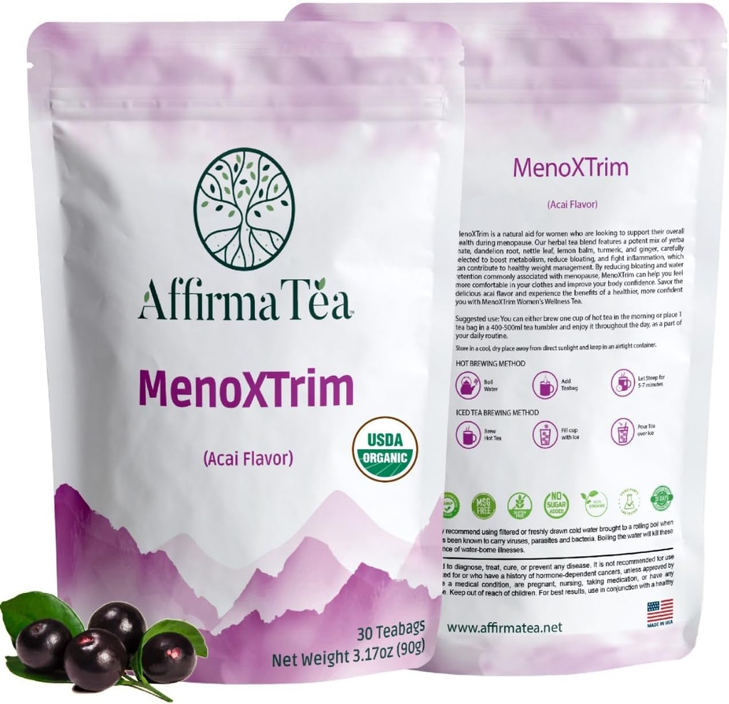 MenoXTrim Alivio de la menopausia orgánica: Equilibrio de hormonas ¦ Bloating  sometida Hot Flashess ¦ Excess Water ¦ Midlife Belly ← Yerba Mate, Dandelion, Nettle Leaf, Lemon Balm, Turmeric, Ginger  durable Natural Açai Flavor.