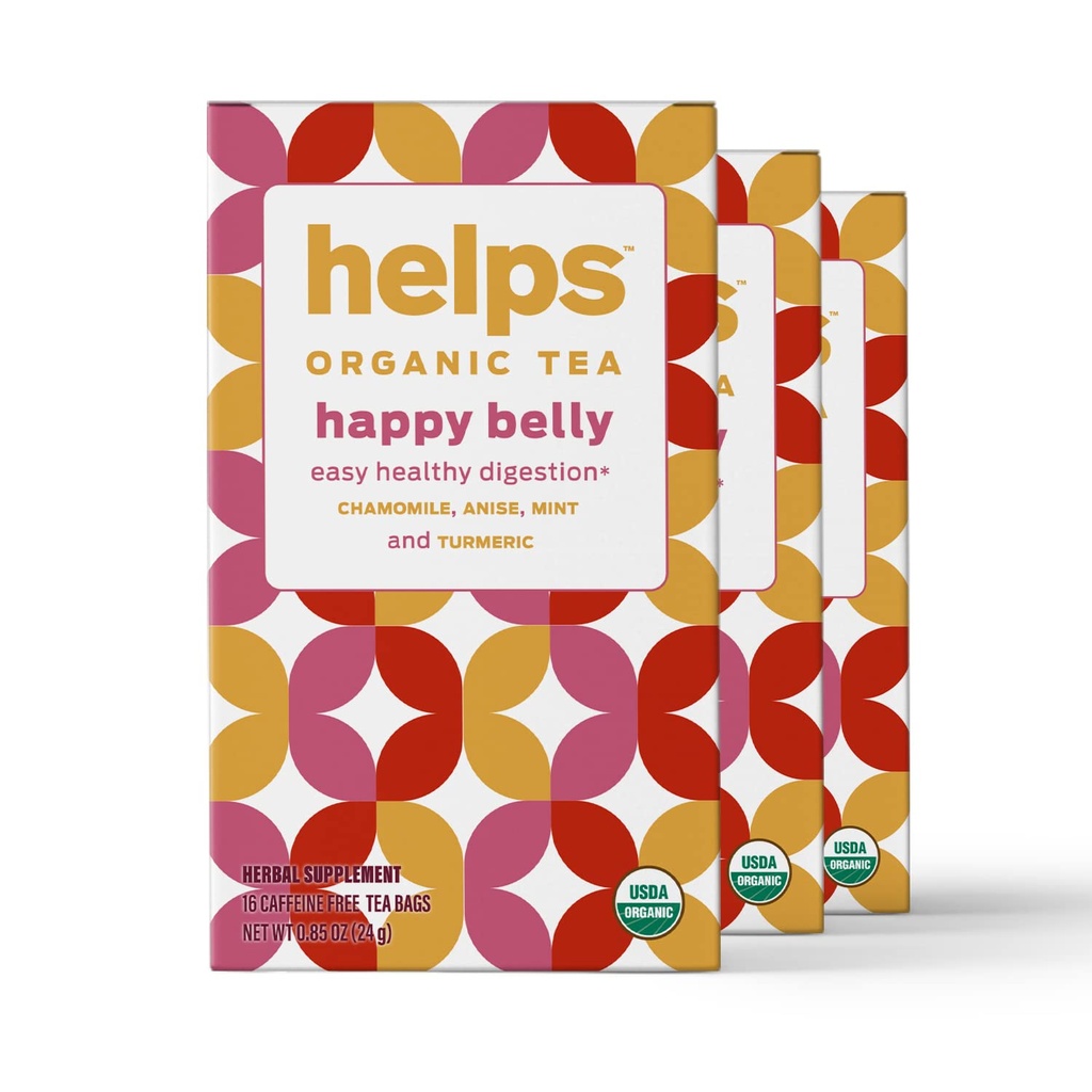 HELPS TEAS TENIDO Ayuda Happy Belly Tea ANTE Orgánica Herbal Tea Con Anise Verde, Chamomile, Mint y Turmeric TEN 16 Tea Bags - Pack of 3 TEN
