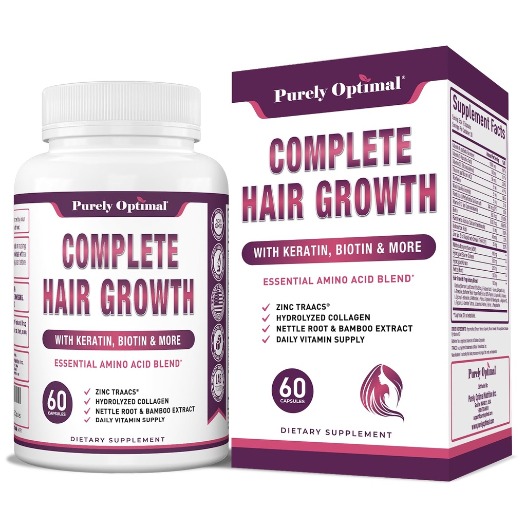 Crecimiento completo del cabello puramente optimista vitaminas para hombres de mujeres – apoya el dolor, el crecimiento del cabello más fuerte, la piel sana y las uñas – Biotina, Collagen, queratina – fácil de tomar, desarmado, 60 cápsulas