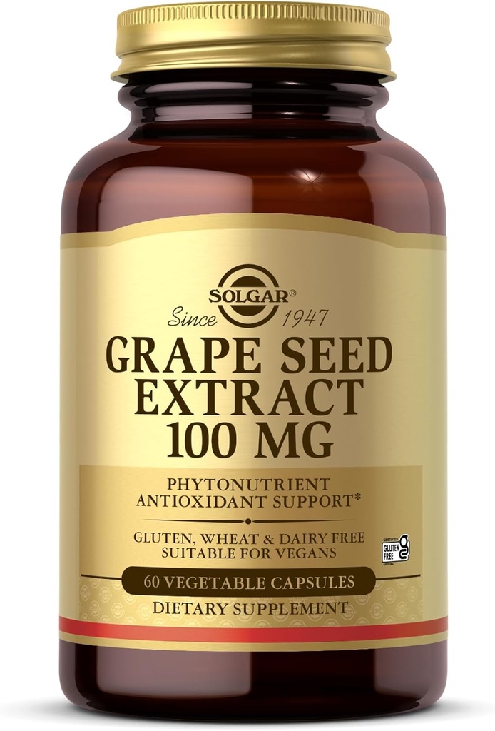 Solgar Grape Seed Extract 100 mg, 60 Vegetable Capsules - Phytonutrient Antioxidant Support - Vegan, Gluten Free, Dairy Free - 60 Servings