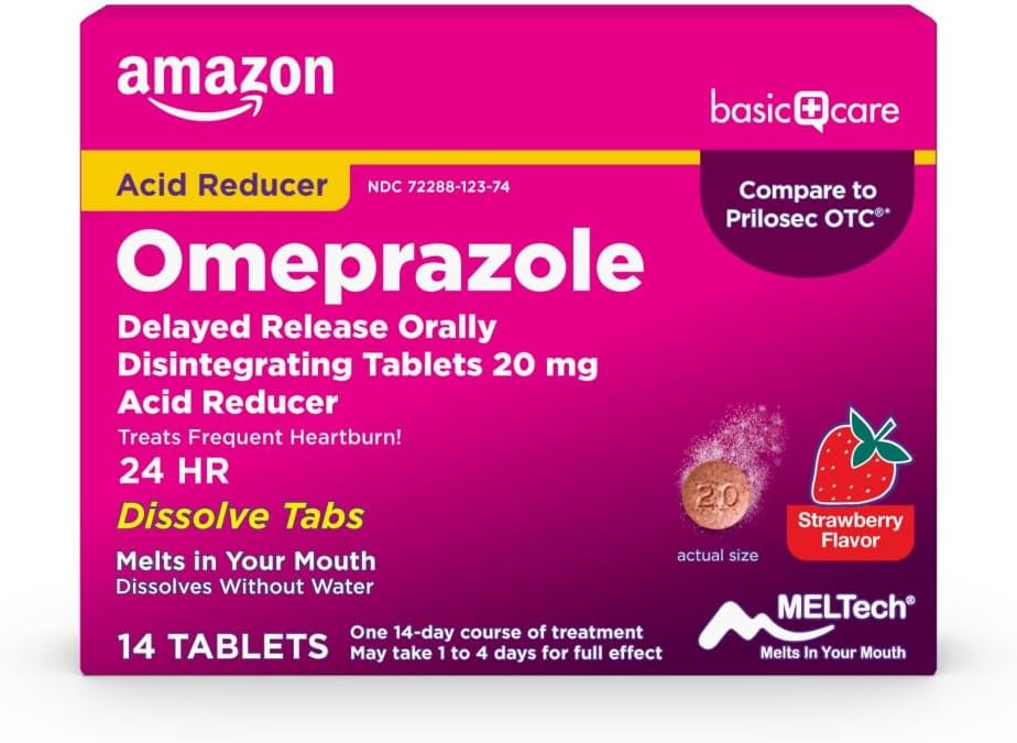 Cuidado básico Omeprazole Delayed Release Orally Disintegrating Tablets, 20 mg, Acid Reducer, Strawberry Flavor, 14 Conde (Pack of 1)